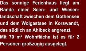 Das sonnige Ferienhaus liegt am Rande einer Seen- und Wiesen-landschaft zwischen dem Gothensee und dem Wolgastsee in Korswandt, das südlich an Ahlbeck angrenzt. Mit 70 m² Wohnfläche ist es für 2 Personen großzügig ausgelegt.